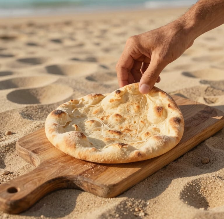 Close-up of a hand placing a freshly baked pita bread on a rustic wooden board, warm golden-hour sunlight casting soft shadows, sand-beige table background, 35mm photography
