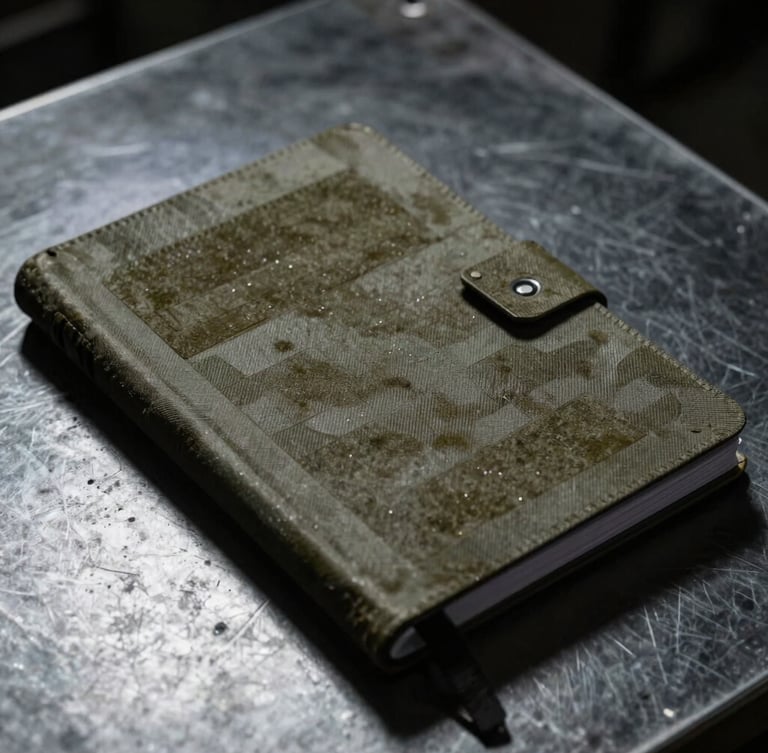 Close-up of a rugged tactical notebook on a dark metal table, harsh directional light from the side, desaturated olive tones, high contrast.