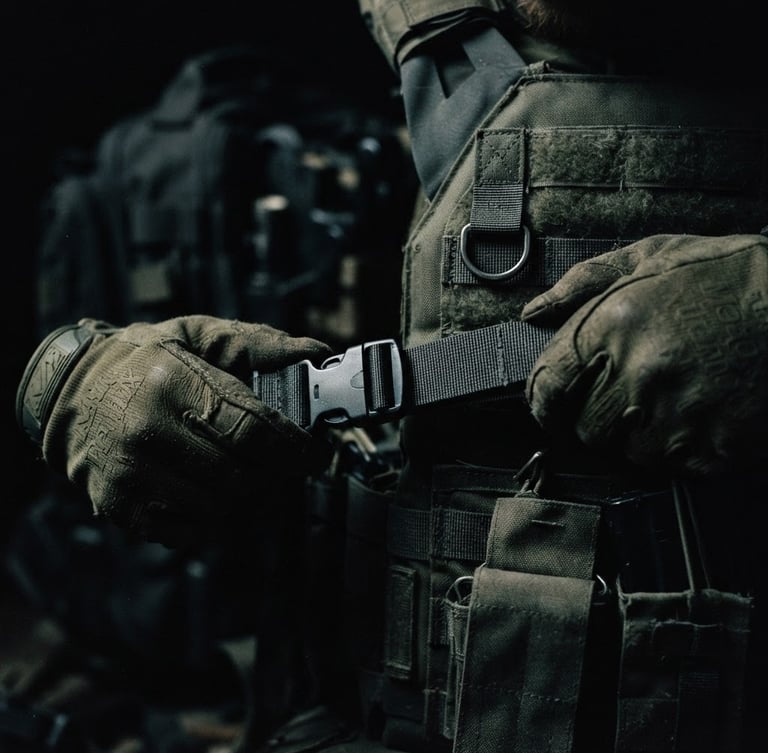 Close-up of hands adjusting tactical gear in dramatic low-key lighting, harsh shadows, desaturated olive tones, high contrast, 35mm film style