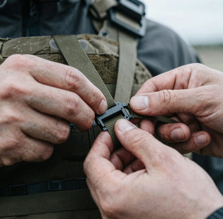 Tight macro shot of tactical gear adjustment, hands tightening a heavy duty strap, cold overcast daylight, desaturated tones, 35mm film