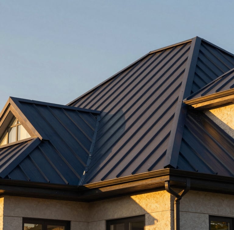 Low-angle architectural shot of perfectly aligned gold-accented standing seam metal roofing on a premium home, dramatic golden hour daylight, sharp focus, 35mm lens