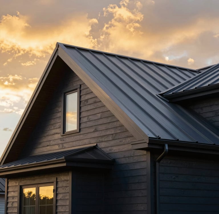 Low-angle architectural photograph of a modern home with clean metal roof seams and dark siding under a dramatic Hudson Valley golden hour sky