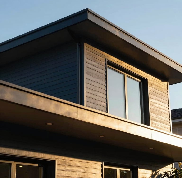 Low-angle architectural photograph of a modern home with clean horizontal siding and gold metal accents under crisp daylight, 35mm lens