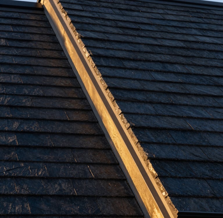 Macro architectural photograph of perfectly aligned dark slate shingles on a premium modern home, crisp sunlight catching gold-toned metal flashing details, sharp focus.