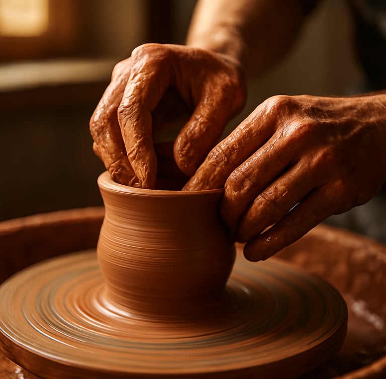 Close-up of wet clay being shaped on a pottery wheel by hands covered in mud, warm natural window light, terracotta tones, 35mm lens