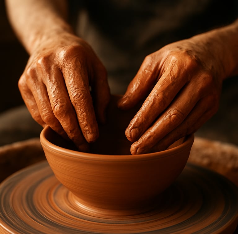 Tactile close-up of hands coated in wet terracotta clay carefully shaping a raw pottery bowl on a spinning wheel, warm natural workshop light, earthy textures.