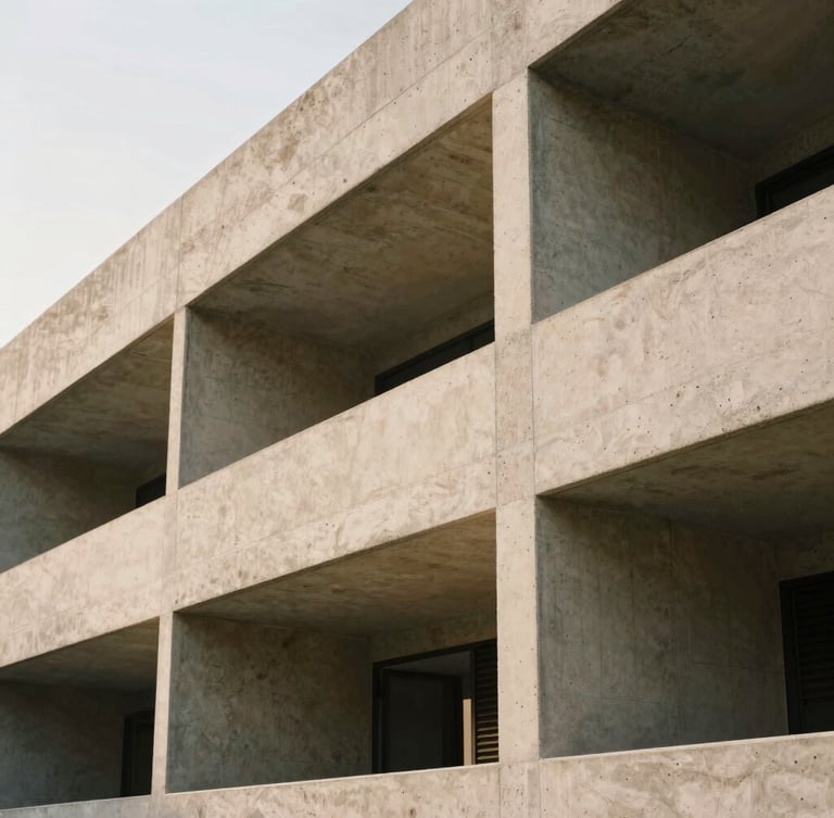 Abstract close-up of contemporary architectural concrete lines under soft natural overcast daylight, emphasizing negative space and structural order