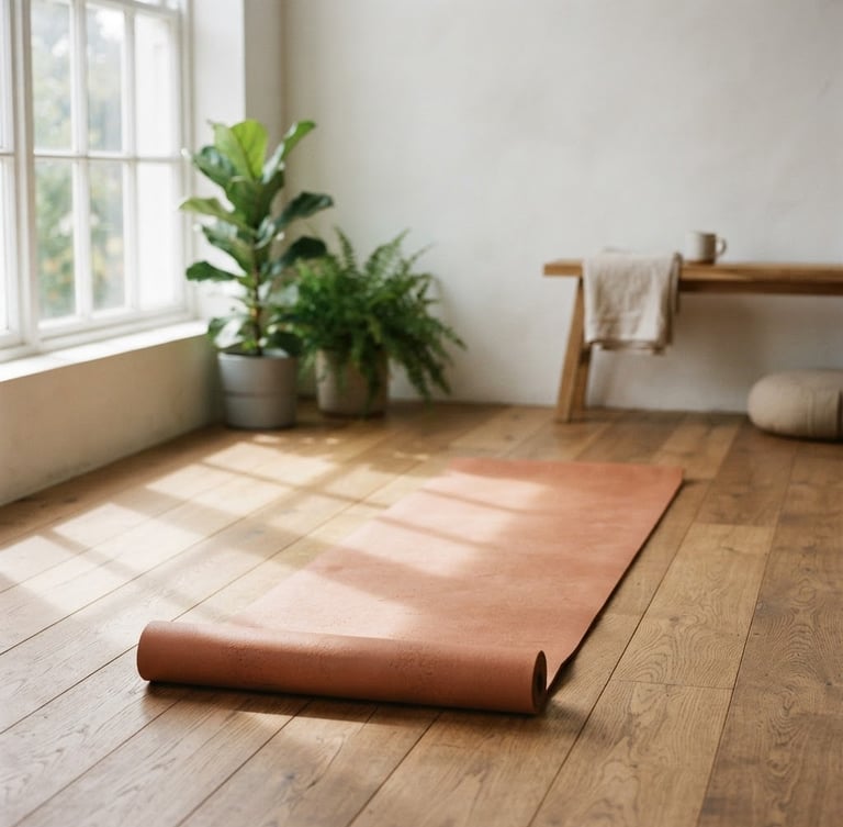 A quiet, uncluttered yoga studio with sunlight casting soft window shadows on a wooden floor, a single terracotta yoga mat rolled out, warm editorial photography, 35mm