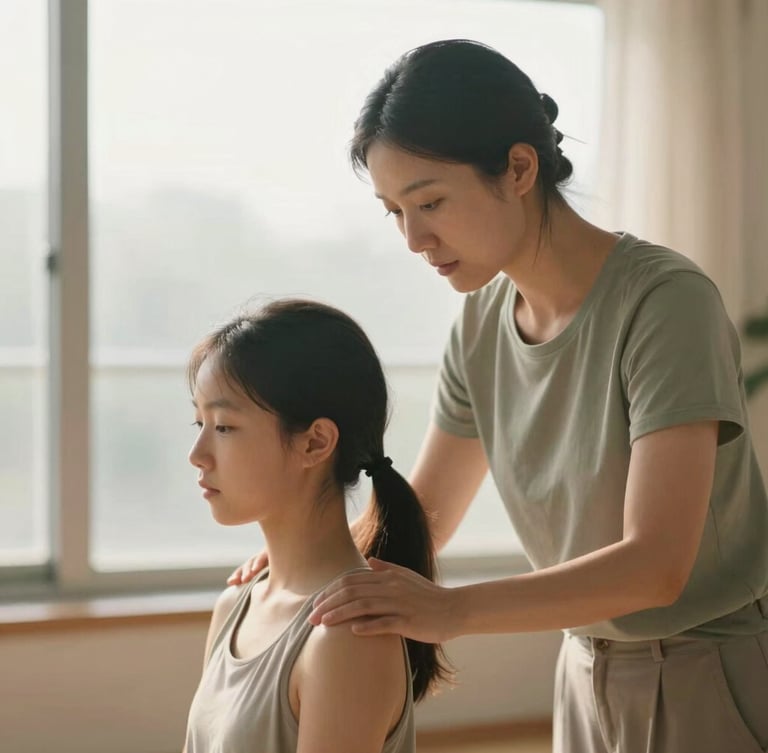 A professional instructor in a soft sage top guiding a student's alignment, warm morning window light, shallow depth of field, focused breathing, 35mm