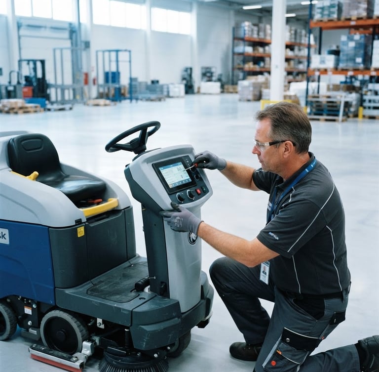 A certified field technician calibrating a digital control panel on a heavy-duty ride-on scrubber-dryer, bright high-key daylight, clean polished concrete warehouse floor, cool white and blue tones, 35mm
