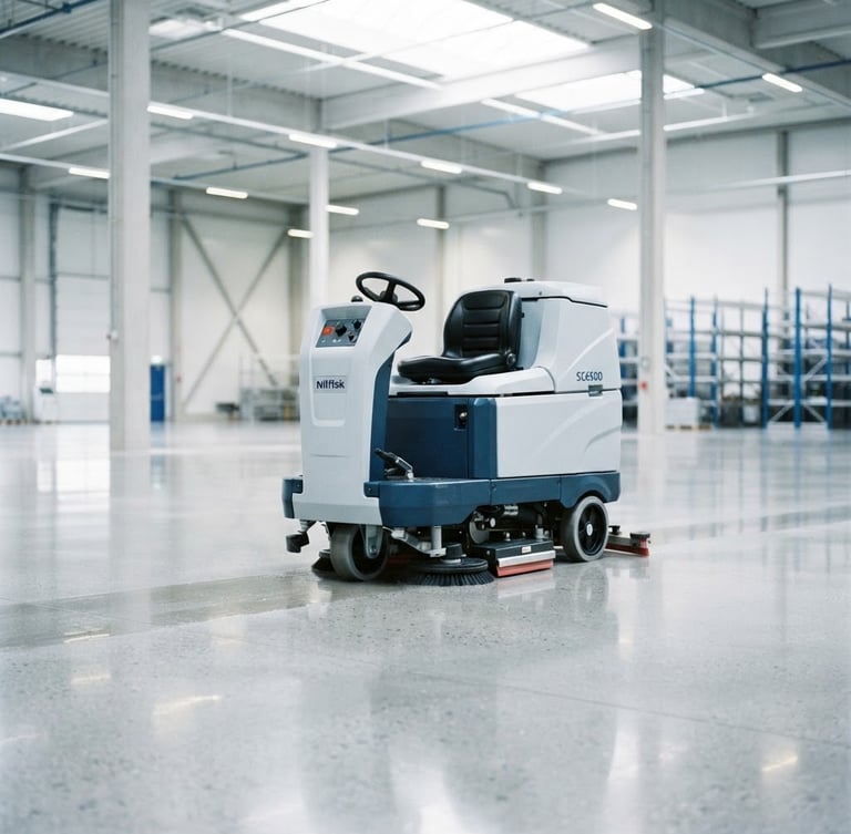 Sharp industrial photography, bright high-key daylight, a pristine ride-on floor scrubber on polished concrete, cool white and blue tones, 35mm