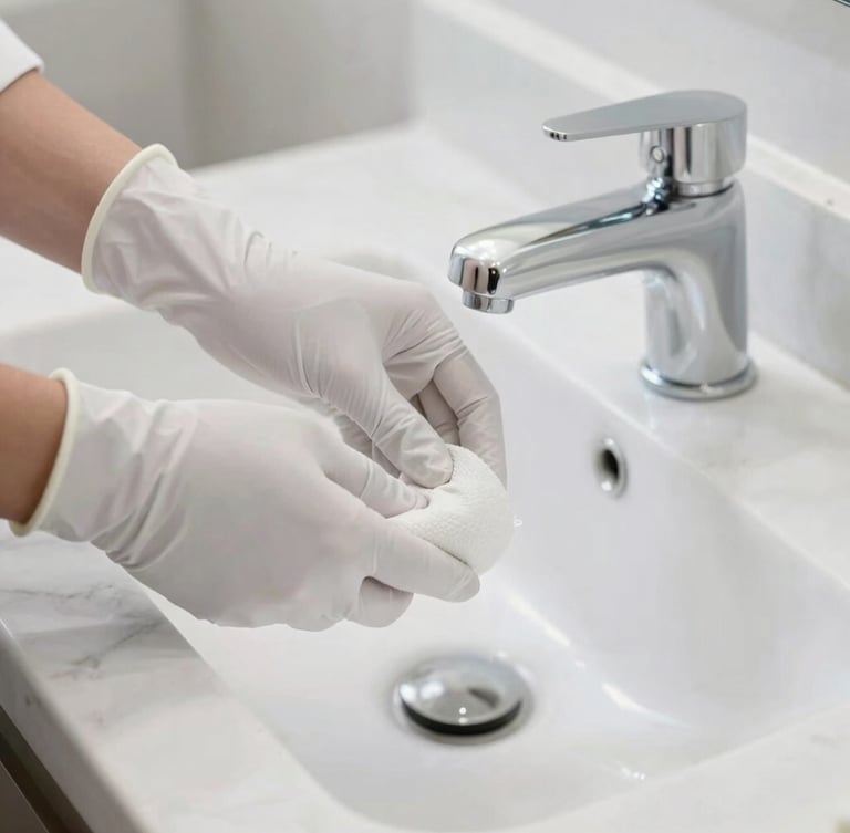 Close-up of gloved hands detailing a marble bathroom fixture, soft natural daylight, crisp clean whites and cool slate tones, sharp focus, 35mm lens