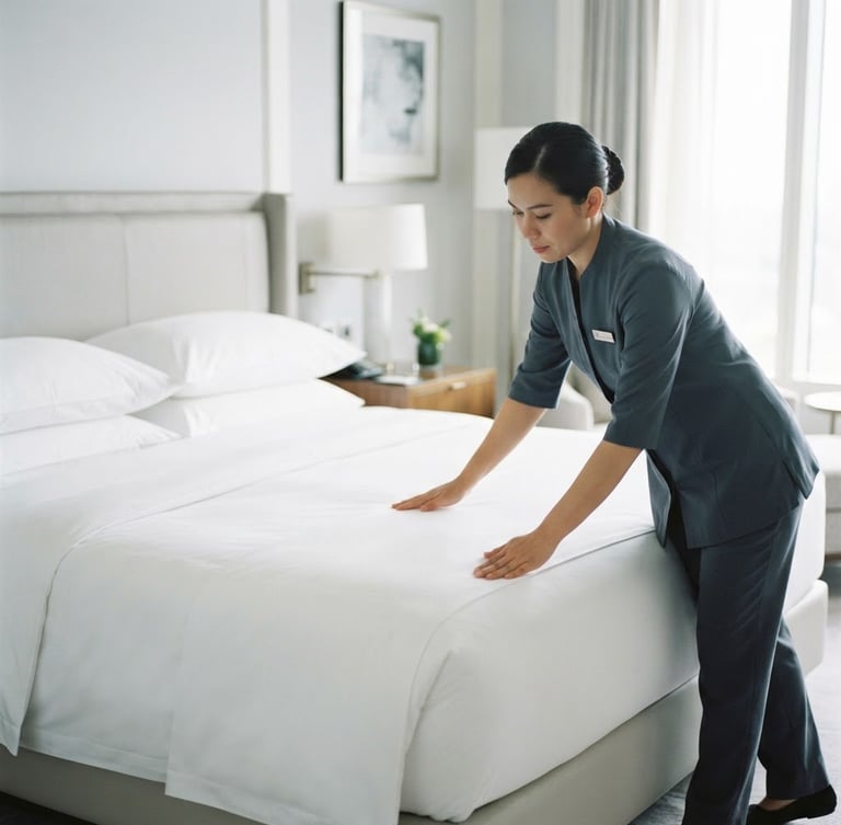 A professional female housekeeper in a neat, minimalist dark slate uniform smoothing crisp white linens on a large bed, bright high-key interior photography, soft natural daylight, sharp focus