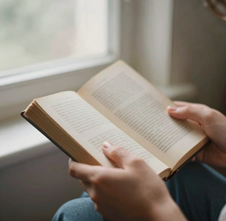 Close-up of hands holding a worn book during a quiet moment of prayer, soft natural daylight, muted earth tones, 35mm film.