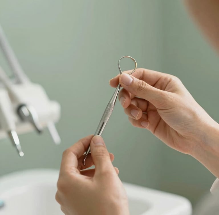 Elegant close-up of hands preparing dental instruments in soft focus, warm natural light, sage green background, clean minimalist aesthetic, 35mm