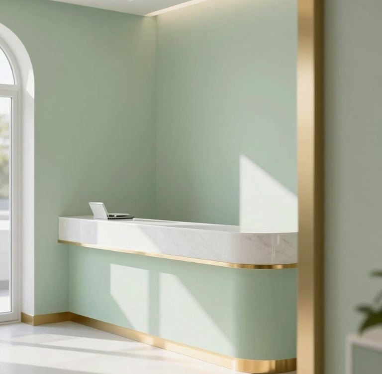 Bright, clean architectural shot of a serene boutique dental clinic reception, soft natural daylight, sage green walls, warm gold accents, shallow depth of field, 35mm