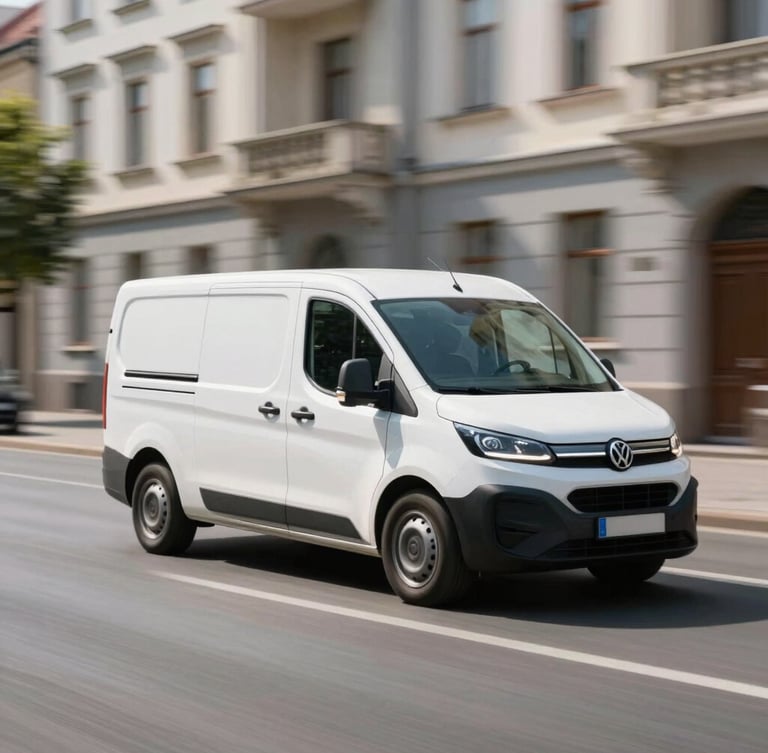 Dynamic low-angle shot of a sleek electric delivery van moving fast on a clean Vilnius street, dynamic motion blur, bright daylight, 35mm