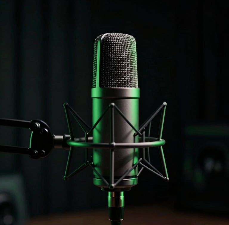 Cinematic medium close-up of a high-end podcast studio setup, professional microphone, dark shadows with sharp neon green accents, moody studio lighting.