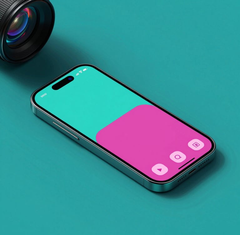 Sleek modern digital device displaying a high-contrast teal and orchid interface mockup, sharp studio lighting, deep shadows, vibrant color gels