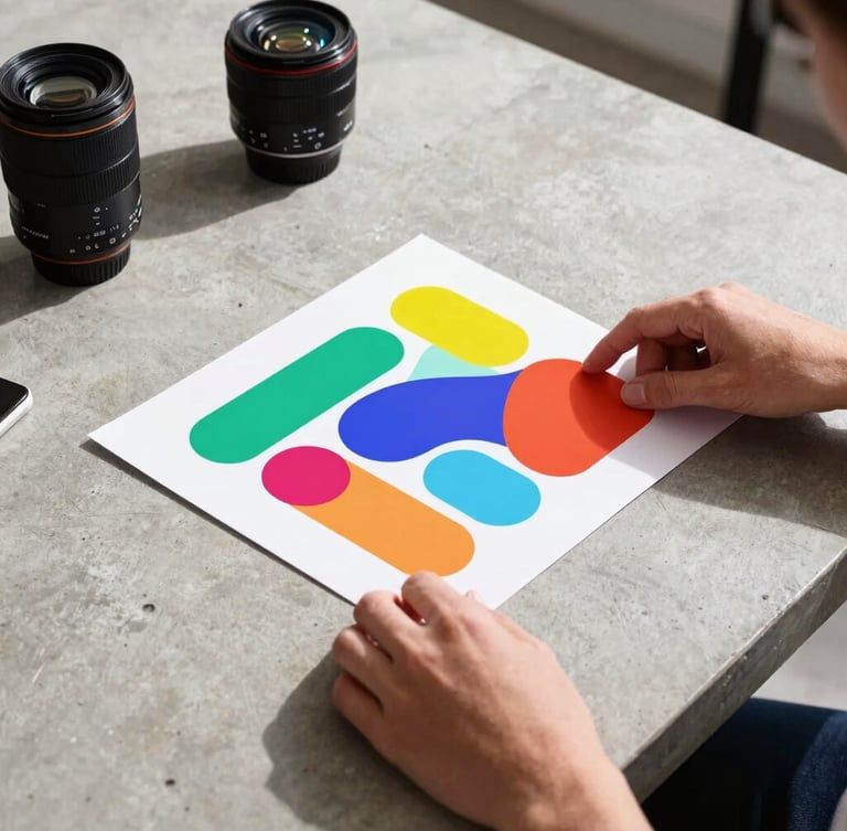 A creative designer hands adjusting a physical brand mockup on a clean concrete table, high-contrast crisp lighting, sharp shadows