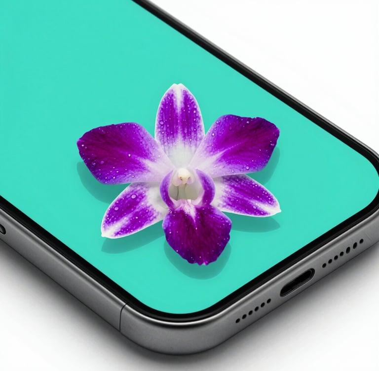 Macro shot of a sleek mobile interface displaying a high-contrast teal layout, sharp studio lighting, vibrant orchid gel reflections