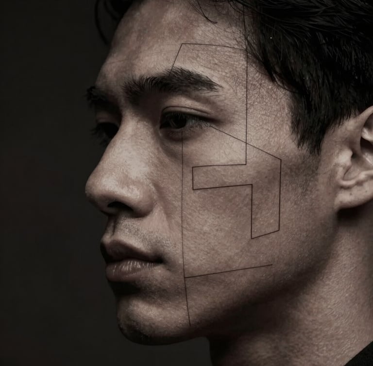 Close-up de perfil masculino com linhas geométricas de análise facial sobrepostas, luz dramática lateral, tons desaturados de carvão e bronze, foco nítido, 35mm.