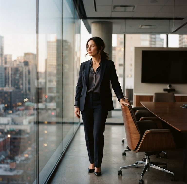 An environmental portrait of a thoughtful female executive standing in a modern architectural boardroom with glass walls, natural window light casting soft shadows, warm muted tones, 35mm.