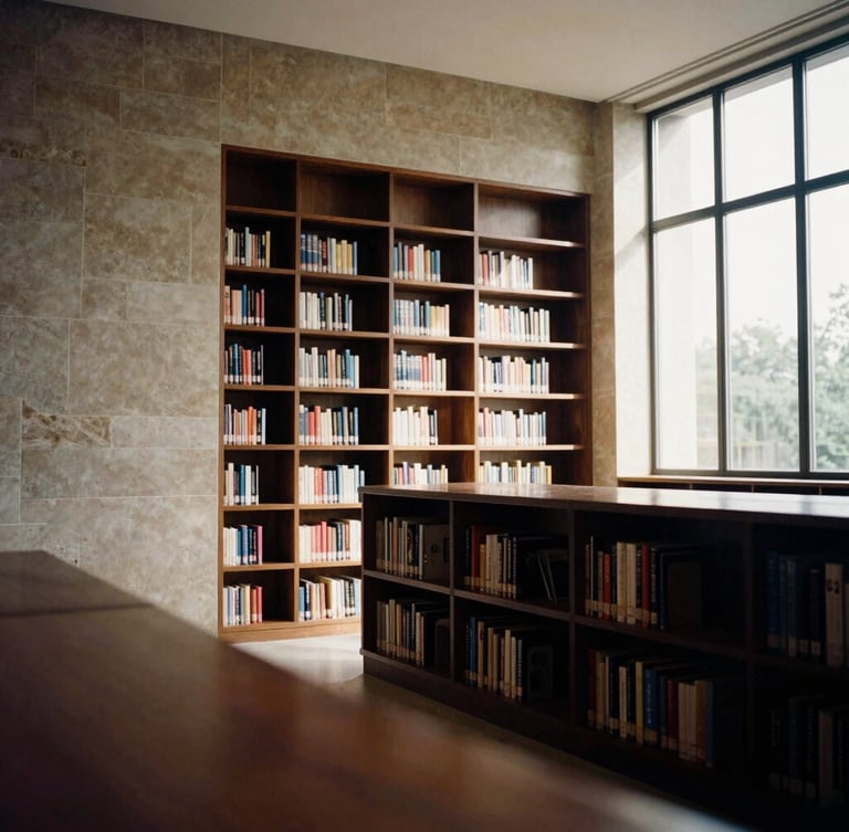 Wide environmental shot of a quiet, modern architectural library with clean lines, warm natural side-lighting illuminating textured stone walls and dark oak shelves, 35mm film style.