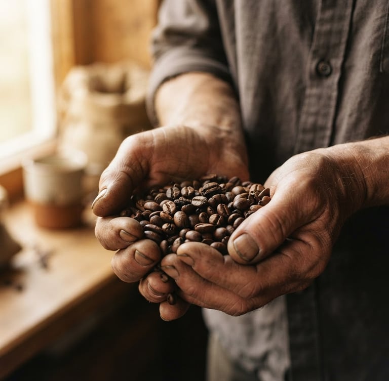 Close-up of raw roasted coffee beans held in weathered hands under warm morning window light, rich earthy tones, 35mm