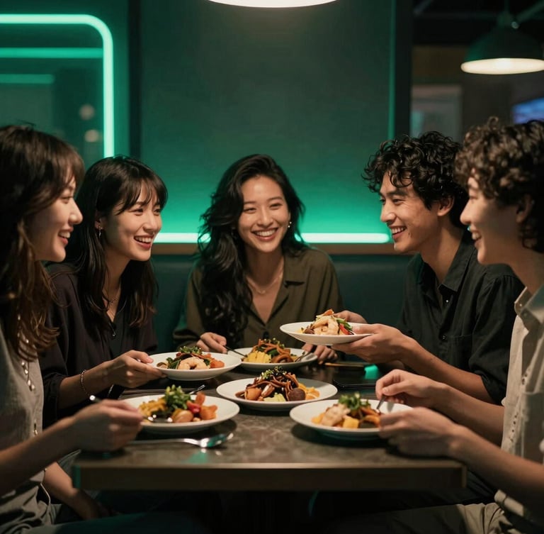 Intimate portrait of a group of young professionals laughing over shared platters in a dimly lit booth with glowing sea-green neon lights, moody editorial food photography style, 35mm