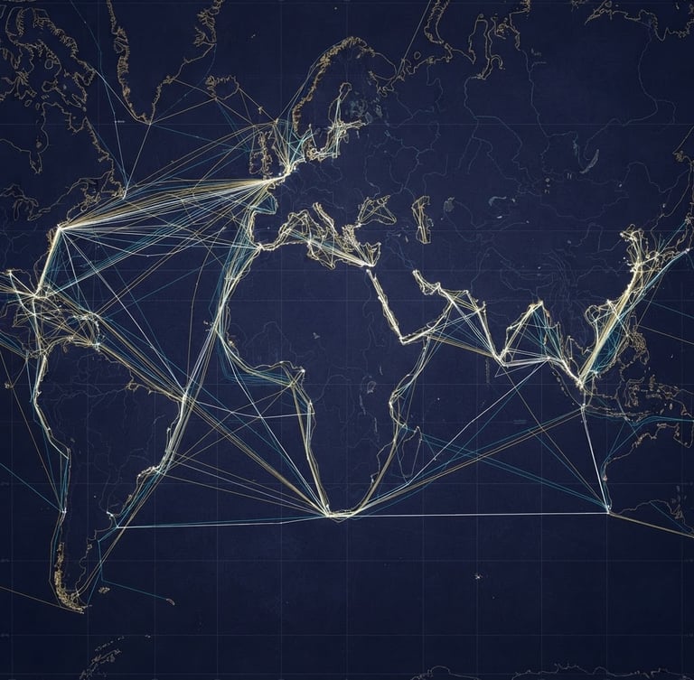 A structured technical graphic of global shipping routes and maritime lanes, overlaid on a deep indigo-navy background, minimal vector lines, high contrast