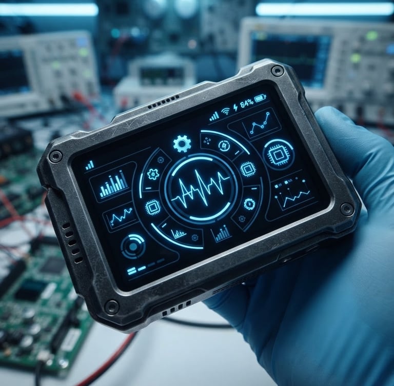 Crisp commercial technology photography, macro shot of custom hardware screen displaying a dark-mode Android interface with electric blue highlights, cool-toned lab environment