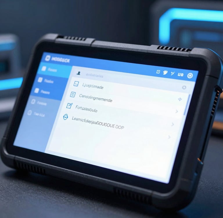 Macro shot of a rugged handheld enterprise device screen displaying a clean logistics interface with neon blue highlights, cool-toned tech lab background