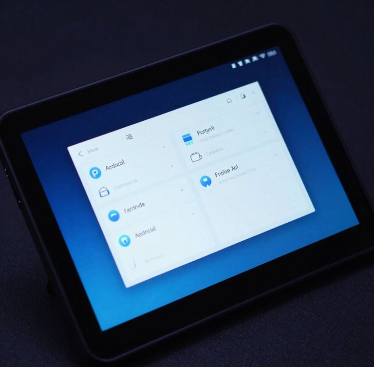 Macro photograph of a custom handheld enterprise device screen displaying a clean, customized Android dashboard, cool-toned studio lighting, sharp blue highlights, technical minimalism.