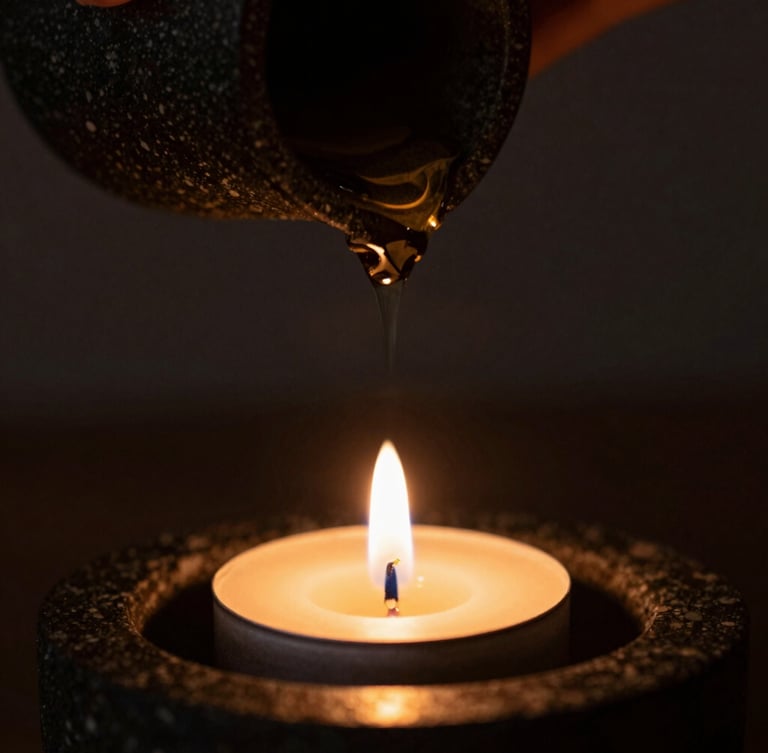 Tight macro shot of warm massage oil slowly dripping from a dark stone vessel, illuminated by a single warm candle flame, deep shadows, 35mm
