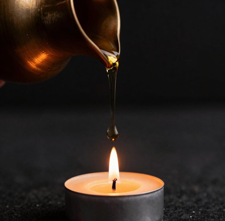 Macro shot of warm massage oil dripping from a bronze vessel, candle-lit warmth, dark stone background, shallow depth of field, 35mm