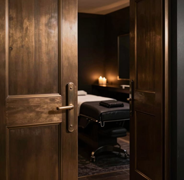 Moody luxury photography of a heavy bronze door slightly ajar, revealing a dark, warm candle-lit treatment room with deep bronze accents, shallow depth of field, 35mm