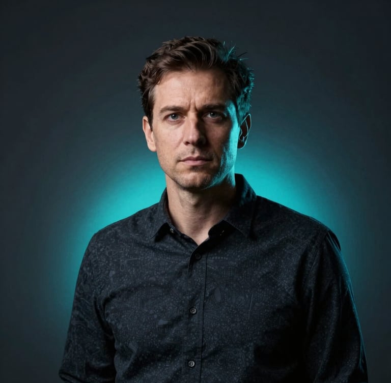Sharp high-contrast portrait of a tech founder in a dark slate room, cool neon cyan backlighting, editorial style, looking serious and analytical