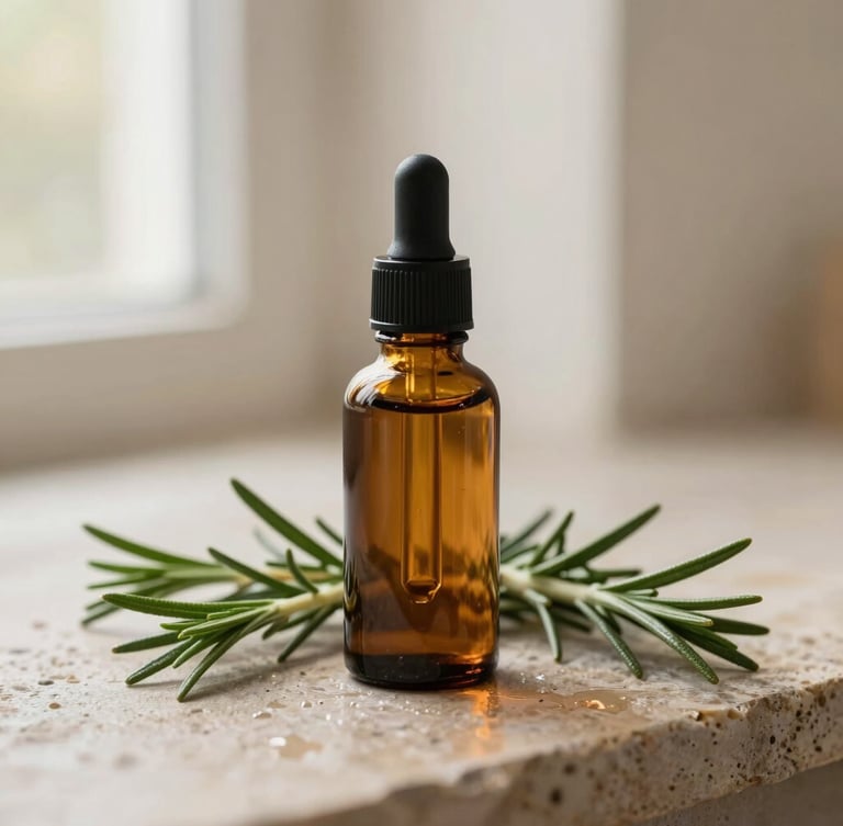 Minimalist amber glass dropper bottle of hair oil resting on a damp stone surface surrounded by fresh rosemary sprigs, soft warm morning light