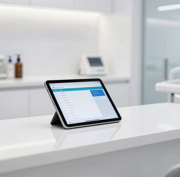 Bright high-key product photography of a modern dental clinic reception desk, a tablet showing scheduling software rests on the counter, clean clinical white lighting, 35mm.