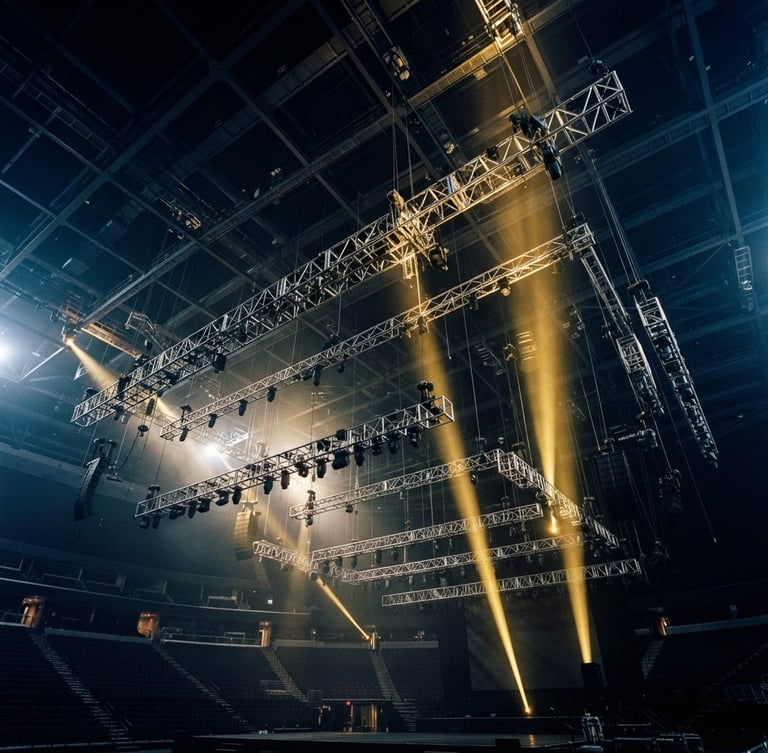 Extreme wide-angle shot of massive stage rigging and steel truss structures suspended from a dark arena ceiling, dramatic golden spotlights cutting through haze, 35mm photography