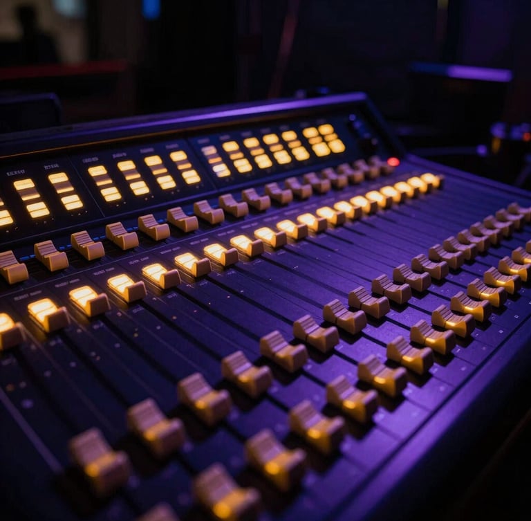 Close-up of technical production gear, soundboard sliders with glowing LED lights, dramatic backlighting, deep navy and purple tones, 35mm