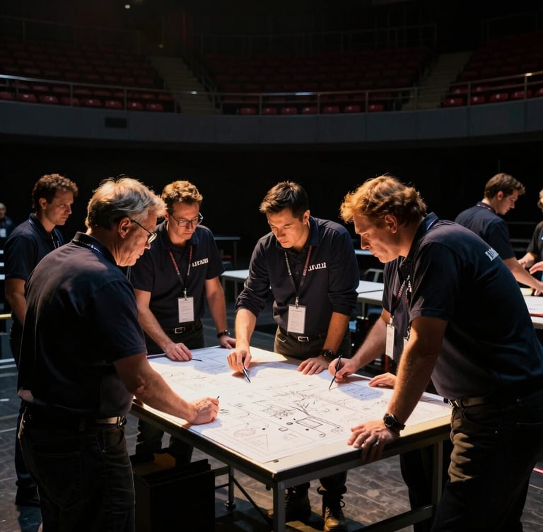 A team of technical directors in dark apparel reviewing blueprints on a lit drafting table inside a dark arena backstage, dramatic golden-hour side lighting, 35mm