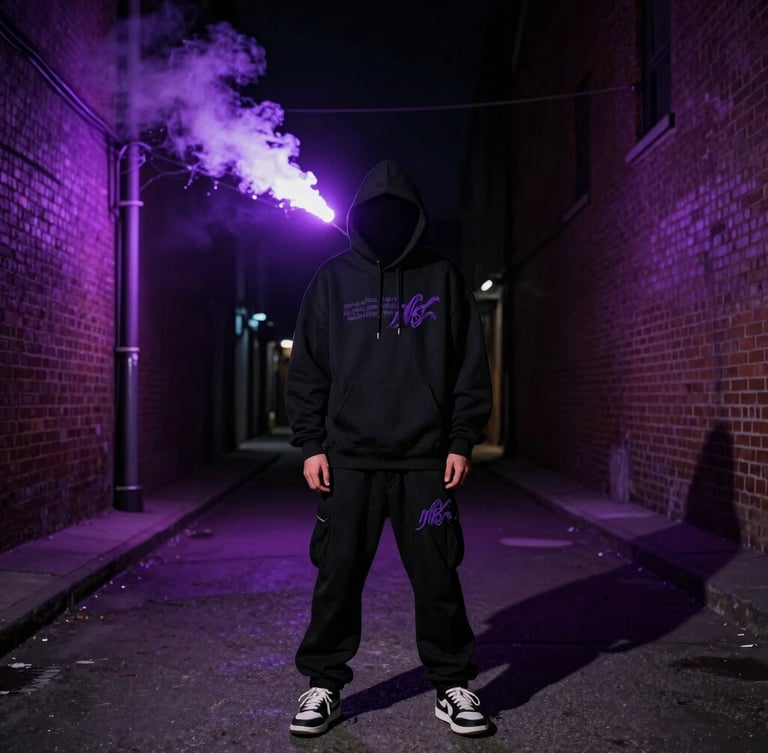 Cinematic wide shot of a model in a dark brick alley at night, wearing a heavy-weight black streetwear hoodie with subtle purple embroidery, back-lit by a glowing violet stadium flare, dramatic high-contrast shadows, 35mm photography