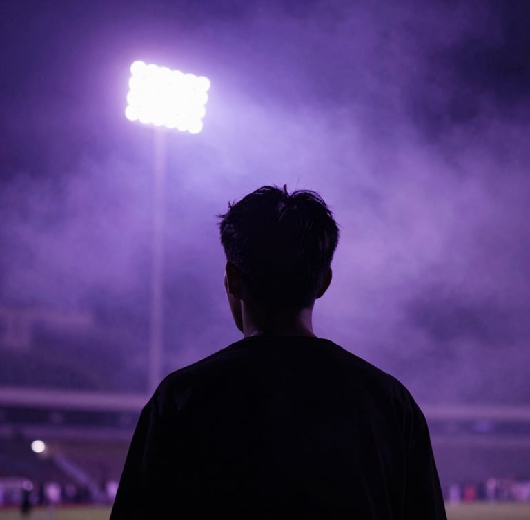 Aggressive close-up of a supporter's silhouette in a stadium filled with purple smoke, backlit by intense floodlights, raw urban night aesthetic