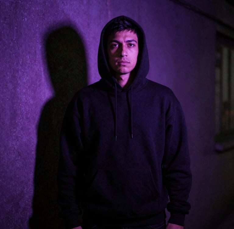 Cinematic portrait of an Anderlecht supporter in a dark alley at night, dramatic purple backlighting, intense shadow, wearing a heavy-weight black hoodie, 35mm