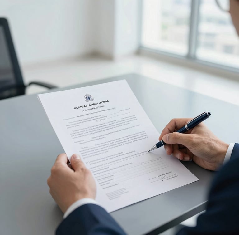 A clean corporate office in Dubai, bright neutral daylight, hands reviewing official government documents with a high-end pen on a slate desk, 35mm