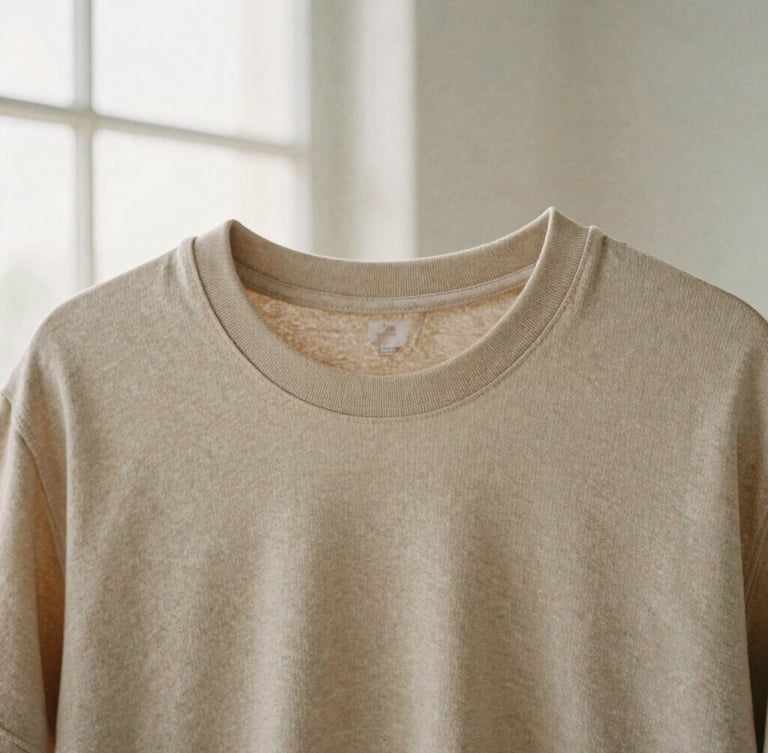Close-up of a premium cotton t-shirt fabric texture in warm beige, soft natural window light, minimalist editorial fashion photography, 35mm film