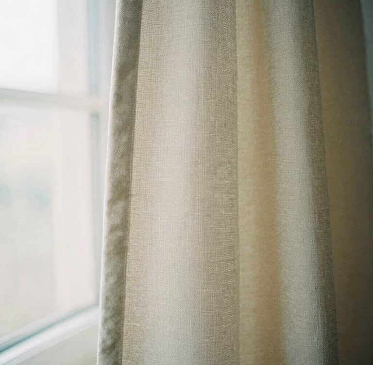 Close-up of beige linen fabric texture, soft diffused natural daylight, gentle shadows, 35mm film fashion photography