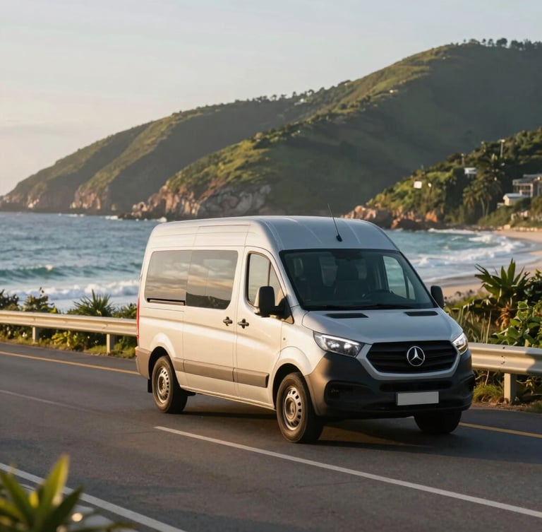 A modern silver passenger van driving along a scenic coastal road in Florianópolis, blue ocean and green hills in the background, warm golden hour light, 35mm